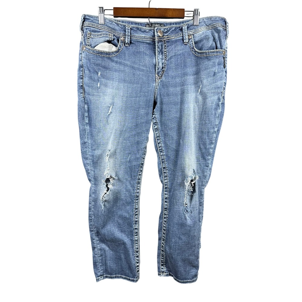 Silver Jeans Co Sam Boyfriend Distressed Denim Blue Jeans W18 L28 Sz 18 Medium
